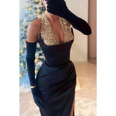 Robe de soirée chic ajustée à col licou, plissée empire, avec fente latérale et paillettes