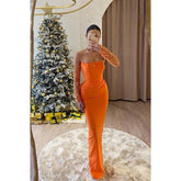 Robe de bal élégante à manches longues et épaules dénudées, fourreau froncée