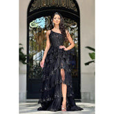 Robe de bal chic et moderne, coupe trapèze, asymétrique, brodée de fleurs et de perles, avec