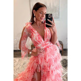 Vestido de noche largo elegante y moderno con escote en V, lazo en la cintura y corte A