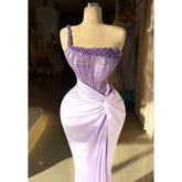 Chic & Modern One Shoulder Beaded Illusion Lilac Pleats Satin Prom Dress