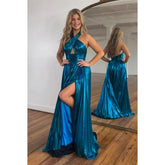 Robe de soirée longue trapèze chic et moderne, sans manches, avec décolleté en V et fente latérale