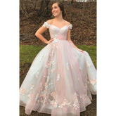 Vestido de fiesta largo elegante con hombros descubiertos, corte A, apliques de tul y vestidos de noche formales