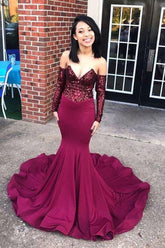 Chic Off-the-Shoulder Appliques Party Dresses Chic V-Neck Long Sleeves Prom Gown