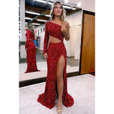 Vestido de fiesta elegante de un solo hombro, mangas largas, lentejuelas color burdeos, largo