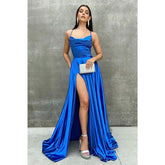 Chic Scoop Blue Satin Pleats Split Simple Prom Dress with Pockets