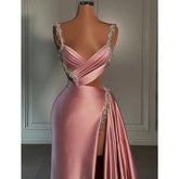 Chic Sheath Beaded Straps Pink Pleats Vintage Long Prom Dress Evening Gown
