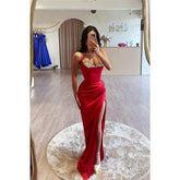 Chic Sheath Strapless Beaded Pleats Long Prom Evening Dress with Split