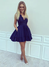 Vestidos de fiesta cortos, elegantes, de corte A, con escote en V, de encaje y con bolsillos