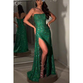 Chic Side slit Off-Shoulder Sleeveless Sequins Evening Party Prom Dress