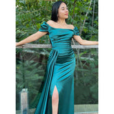Chic Simple Off-shoulder Pleats Blue Long Prom Dress with Train