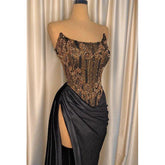 Chic Strapless Beads Black Long Formal Evening Gowns with Slit