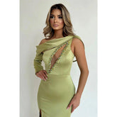 Chic Unique One Shoulder Satin Beaded Long Prom Dress Pageant Dress