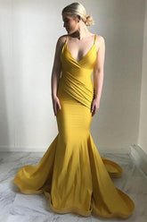 Vestidos de fiesta de noche elegantes con escote en V, nueva colección, estilo sirena, color amarillo.