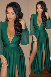 Chic V-Neck Long Sleevess Formal DressesGreen Split Long Evening Gowns