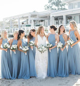 Baoleely Simple Sheath Ruffles Long Dusty Blue Bridesmaid Dresses under 100