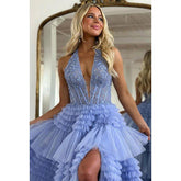 Classic & Timeless Sleeveless A-Line Deep V-Neck Side Slit Tulle Formal Prom Dress
