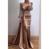 Classic & Timeless Slit Long Sleeves V-Neck Evening Party Prom Dress