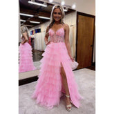 Classic & Timeless Spaghetti Straps V-Neck A-line Side Slit Tulle Party Formal Prom Dress