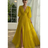 Classic & Timeless V-neck Long Sleeves A-line Slide Slit Tulee Formal Prom Dress