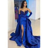 Vestido de fiesta formal clásico y atemporal con escote en V, sin mangas, abertura y cola larga