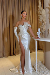 Elegantes vestidos largos blancos de sirena con lentejuelas, sin mangas y abertura larga para fiestas, disponibles en línea.