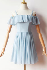 Robe de bal courte à manches dénudées, robe de soirée bleue en mousseline PD427