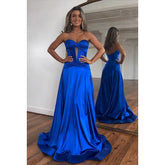 Vestido de fiesta formal de alta costura y elegante, sin mangas, con hombros descubiertos, corte A y abertura lateral