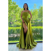 Vestido formal de fiesta de graduación con abertura y hombros descubiertos, sin mangas, con volantes y corte A, de alta costura y ornamentado