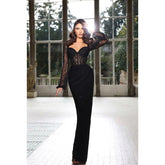 Vestido de noche para fiesta, graduación, con escote en V, mangas largas, corte tubo y apliques de encaje.