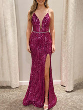 Covie | Vestido largo de fiesta de sirena con escote en V, tirantes finos, lentejuelas y abertura