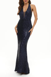 Vestidos de noche elegantes y formales con escote halter y diseño patchwork liso.