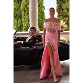 Robe de bal longue bustier à plumes et à volants transparents