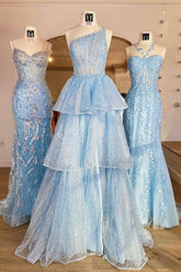Robe de bal bleue à corset asymétrique et volants, coupe princesse, épaule dénudée