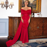 Elegant Red Satin off-the-Neck Elegant Lady Short Sleeve Long Pattern High-Grade Chest-Wrapped Evening Dress