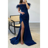 Sheath/column Off-shoulder Feather Saitn Long Prom Evening Dress