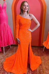 Vestido de fiesta de sirena con lentejuelas, manga larga y un solo hombro, con abertura.