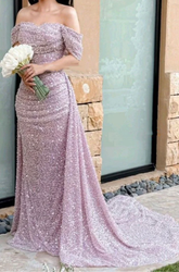 Magnifique robe de mariée à épaules dénudées, robe de soirée sirène à sequins Y7630