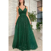 Women's Spaghetti Straps Sequins Green Sparkly Long Prom Dress with Pockets