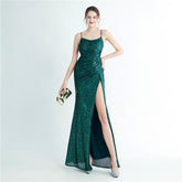 High Density Sequin Pleated Side Slit Sling Long Evening Dress