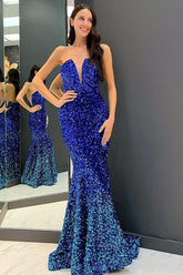 Robe de bal longue à sequins bleu roi, décolleté cœur, style sirène scintillante