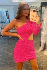 Waist Cut Out One Shoulder Tight Sequins Homecoming Dress with Sleeves