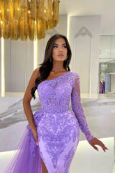 Vestido de fiesta largo de tul con encaje, corte recto, manga larga, abertura frontal y un solo hombro, de Dbrbridal.