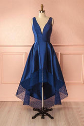 Deep Blue V Neck High Low Lace Satin Prom Dresses Bridesmaid Dresses
