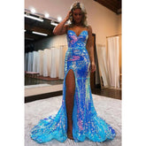 Robe de bal sexy à paillettes scintillantes et col en V avec fente