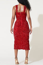 Robe de soirée sexy à sequins patchwork fendue et bretelles spaghetti