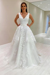 Designer A-Line Lace V-Neck Sleeveless White Wedding Dress With Appliques