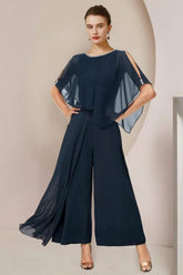 Designer Two Pieces Mother of The Bride Suit Chiffon Scoop Cap Sleeve Bridesmaid Dresses With Ruffles