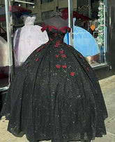 Robe de bal noire à paillettes avec papillons bordeaux pour Quinceañera ou Sweet 16, référence Y1415