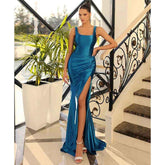 Double Straps Scoop Pleats Long Mermaid Prom Party Dress with Slit